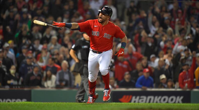Boston Red Sox Kyle Schwarber during a wild-card game against the New York Yankees at Fenway Park in Boston on Tuesday, Oct. 5, 2021. (Johnny Milano/The New York Times)