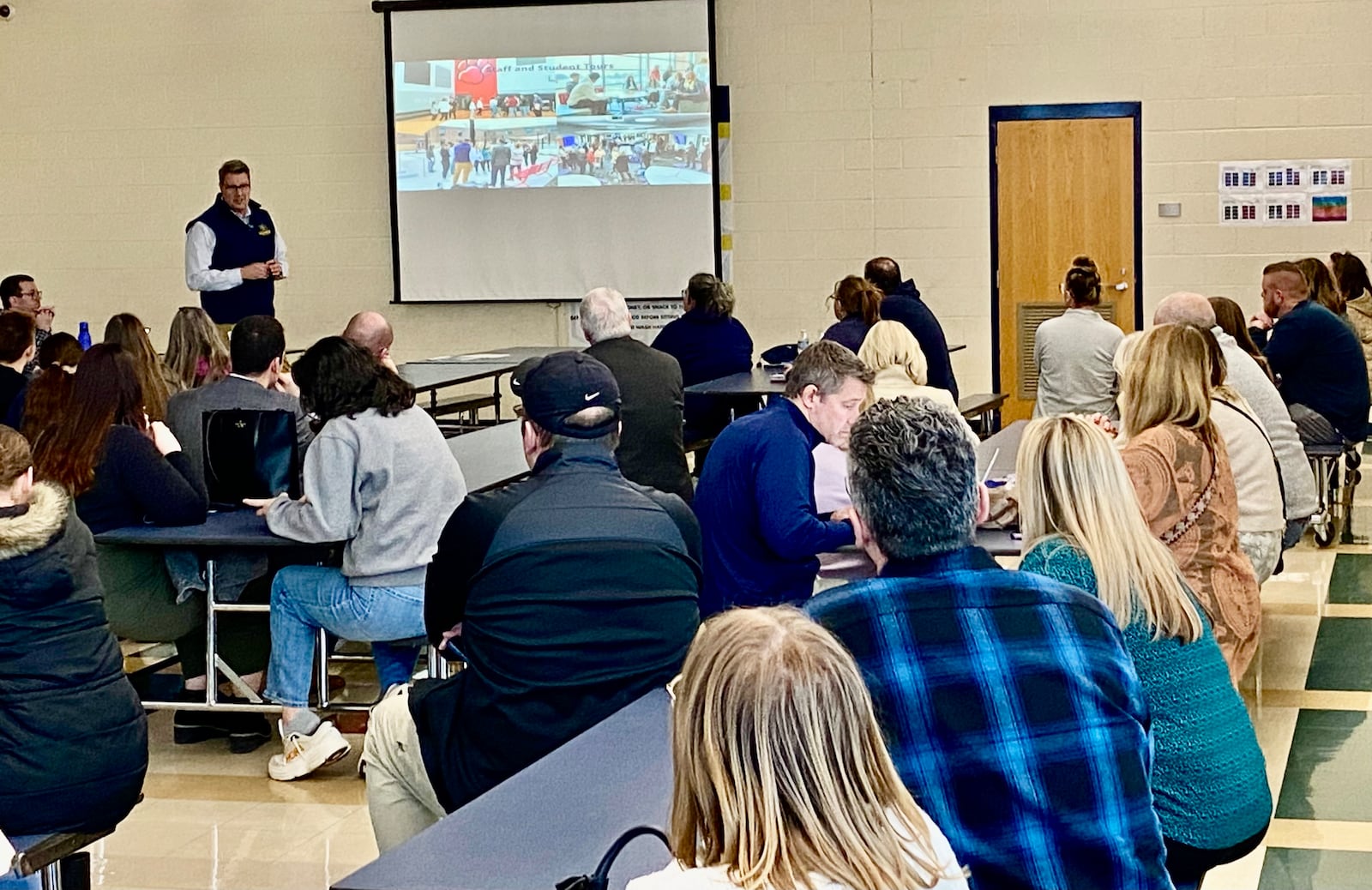 Residents in Monroe Schools got an updated report on a $62 million new high school construction project Wednesday evening and also learned the current 2-12 grade campus will get a second traffic access road as part of the addition.
By this summer construction ground crews will begin clearing and digging in the southeast corner of the current Monroe Yankee Road campus, Monroe Schools Superintendent Robert Buskirk told the audience. (Photo By Michael D. Clark/ Journal-News Contributor)