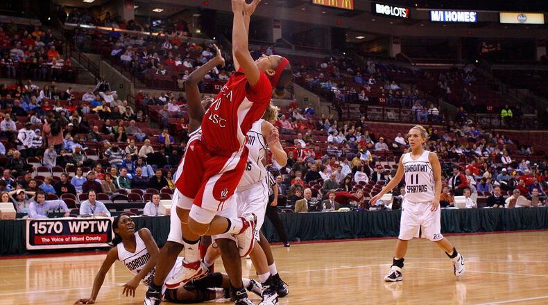 Lakota West’s Amber Gray drives to the basket during the second half of a Division I state semifinal against Youngstown Boardman on March 7, 2008, at the Schottenstein Center in Columbus. The Firebirds defeated the Spartans 62-42. NICK GRAHAM/STAFF