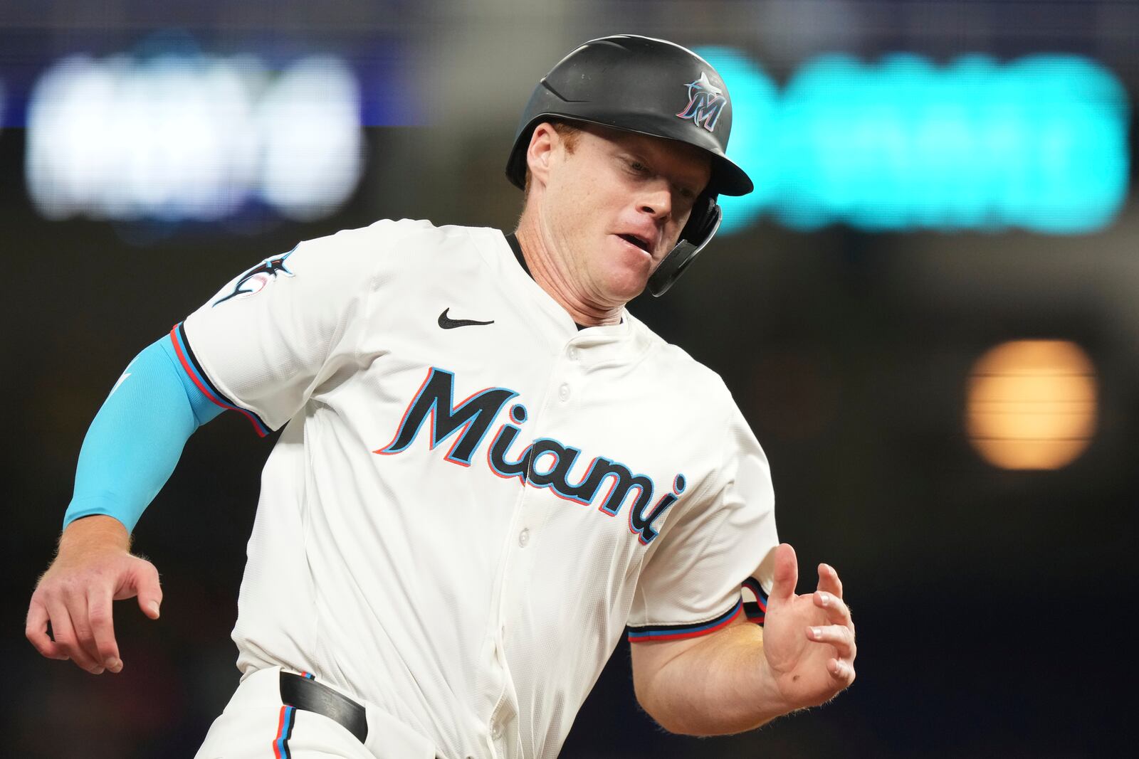 Miami Marlins' Eric Wagaman runs home to score on a RBI double hit by Agustin Ramirez during the sixth inning of a baseball game against the Cincinnati Reds, Tuesday, April 22, 2025, in Miami. (AP Photo/Lynne Sladky)