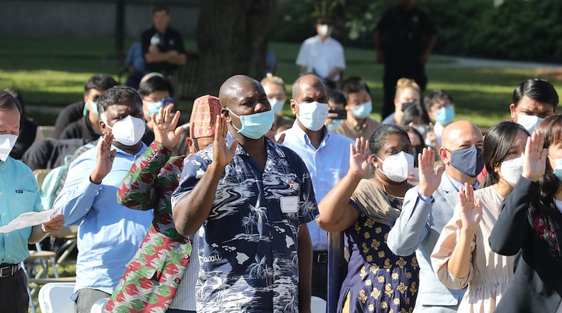 Miami University’s Department of Justice and Community Studies has organized a week's worth of events for Citizenship and Democracy Week, Sept. 19-22, varying between the Hamilton, Middletown, and Oxford campuses. The week begins with the U.S. District Court for the Southern District of Ohio Naturalization Ceremony for approximately 75 new U.S. citizens at 10 a.m. Monday, Sept. 19. on the Hamilton Campus quad and lawn. Pictured is a previous naturalization ceremony at Miami University. CONTRIBUTED