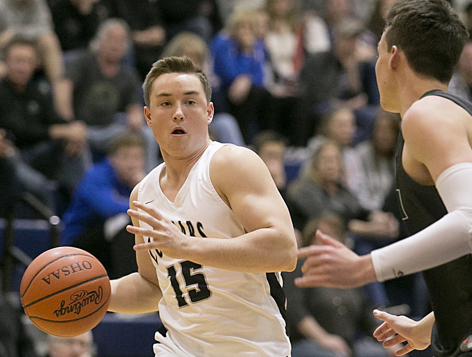 Edgewood guard Trent Allen is covered by Badin forward Jakob Tipton during the All-Butler County All-Star boys basketball game at the Hamilton Athletic Center on Saturday night. CONTRIBUTED PHOTO BY E.L. HUBBARD