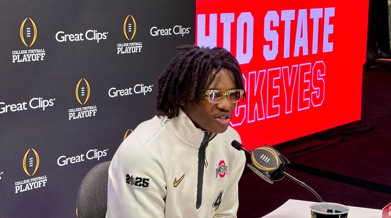 Ohio State football WR Jeremiah Smith on CFP Media Day at Mercedes-Benz Stadium in Atlanta, Ga., Jan. 18, 2025.