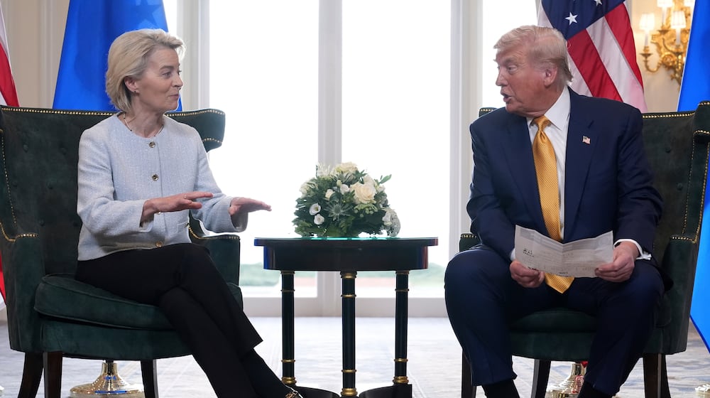 FILE - President Donald Trump and European Commission President Ursula von der Leyen talk after reaching a trade deal at the Trump Turnberry golf course in Turnberry, Scotland Sunday, July 27, 2025. (AP Photo/Jacquelyn Martin, File)