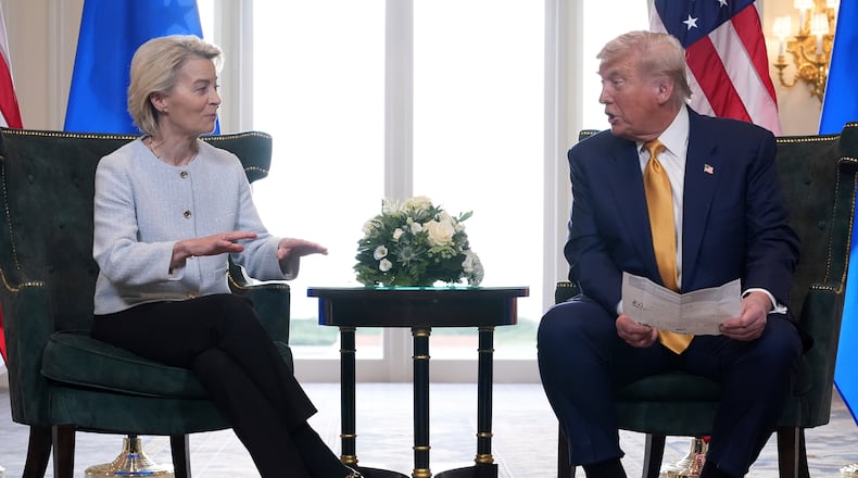 FILE - President Donald Trump and European Commission President Ursula von der Leyen talk after reaching a trade deal at the Trump Turnberry golf course in Turnberry, Scotland Sunday, July 27, 2025. (AP Photo/Jacquelyn Martin, File)