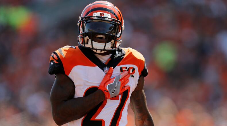CINCINNATI, OH - SEPTEMBER 10: Dre Kirkpatrick #27 of the Cincinnati Bengals celebrates after making a defensive stop during the third quarter of the game against the Baltimore Ravens at Paul Brown Stadium on September 10, 2017 in Cincinnati, Ohio. (Photo by Michael Reaves/Getty Images)