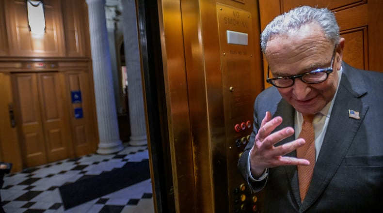 Senate Minority Leader Charles Schumer, D-N.Y., boards an elevator during a Senate war powers vote on Capitol Hill, Wednesday, March 4, 2026, in Washington. (AP Photo/Rod Lamkey, Jr.)
