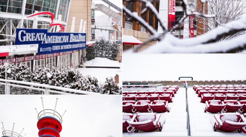 The Cincinnati Reds posted photos of Great American Ball Park covered in snow on Jan. 19, 2024. CREDIT: REDS