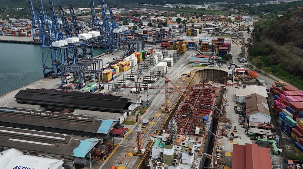 An aerial view of the Balboa terminal, run by CK Hutchison's Panama Ports Co., after Panama's government ordered the occupation of the port following a Supreme Court ruling that the concession was unconstitutional, in Panama City, Monday, Feb. 23, 2026. (AP Photo/Matias Delacroix)
