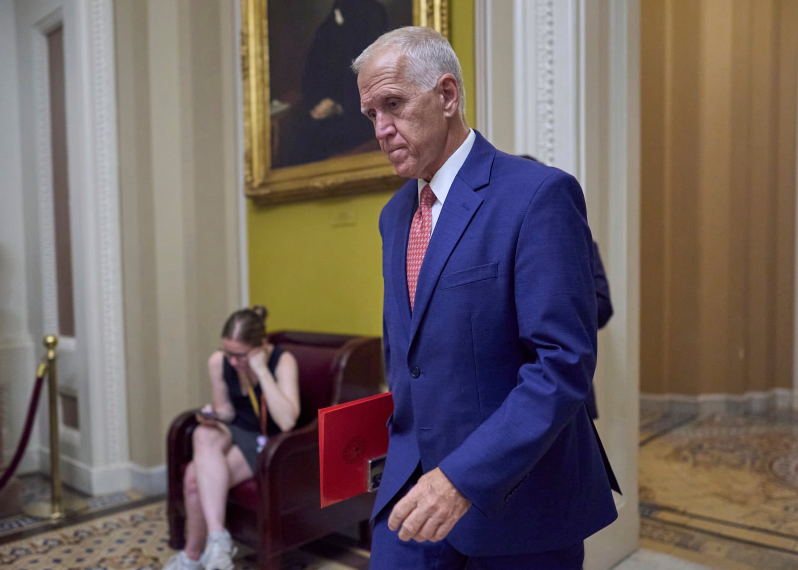 FILE - Sen. Thom Tillis, R-N.C., walks to the chamber as senators arrive for votes and policy meetings, at the Capitol in Washington, June 17, 2025. (AP Photo/J. Scott Applewhite, File)