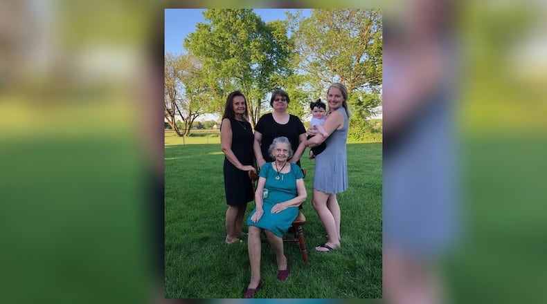 This Madison Twp. family recently gathered for a five-generation photo of women. Back row, from left, Bonnie Schmidt, Robbin Blower, Vivian Grace Barber and Ashley Barber; front row: Anita Grace Hora. They became a five-generation family when Vivian, named after her great-great grandmother, was born six months ago. SUBMITTED PHOTO