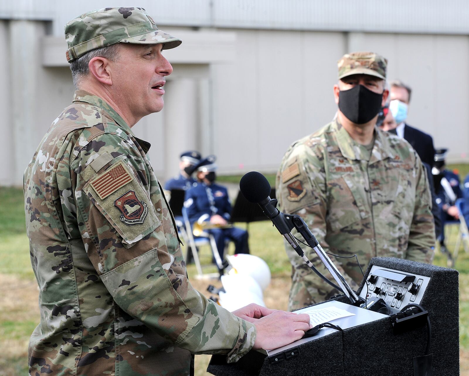 Colonel Maurizio Calabrese, Commander at the National Air and Space Intelligence Center at Wright-Patterson Air Force Base was one of the guest speakers Thursday at the groundbreaking ceremony for the Nation Air and Space Intelligence Center's (NASIC) Intelligence Production Complex lll military construction project. MARSHALL GORBY\STAFF