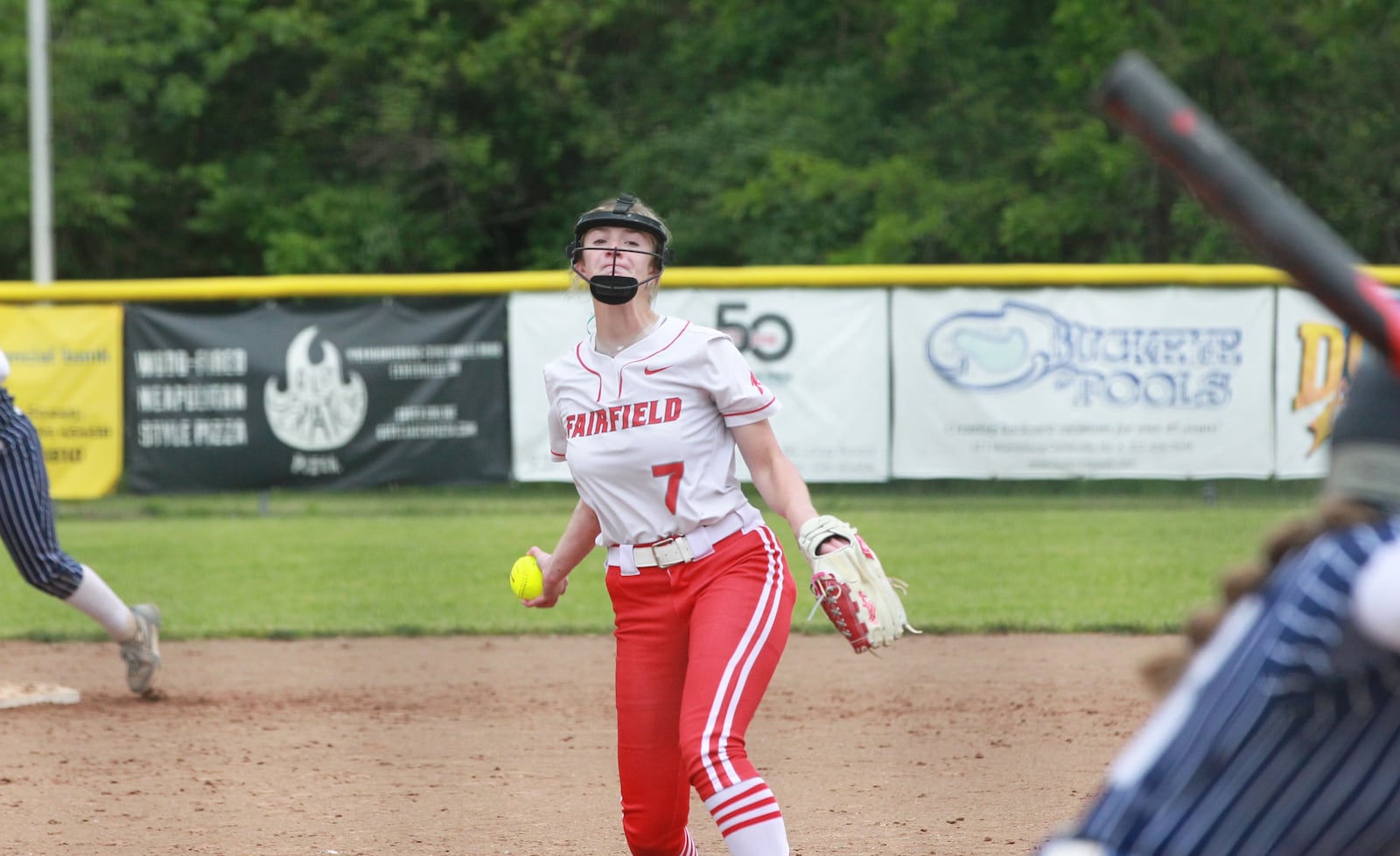 Megan Spence pitches for Fairfield in a Division I district final against Fairmont in Centerville May 22, 2025.