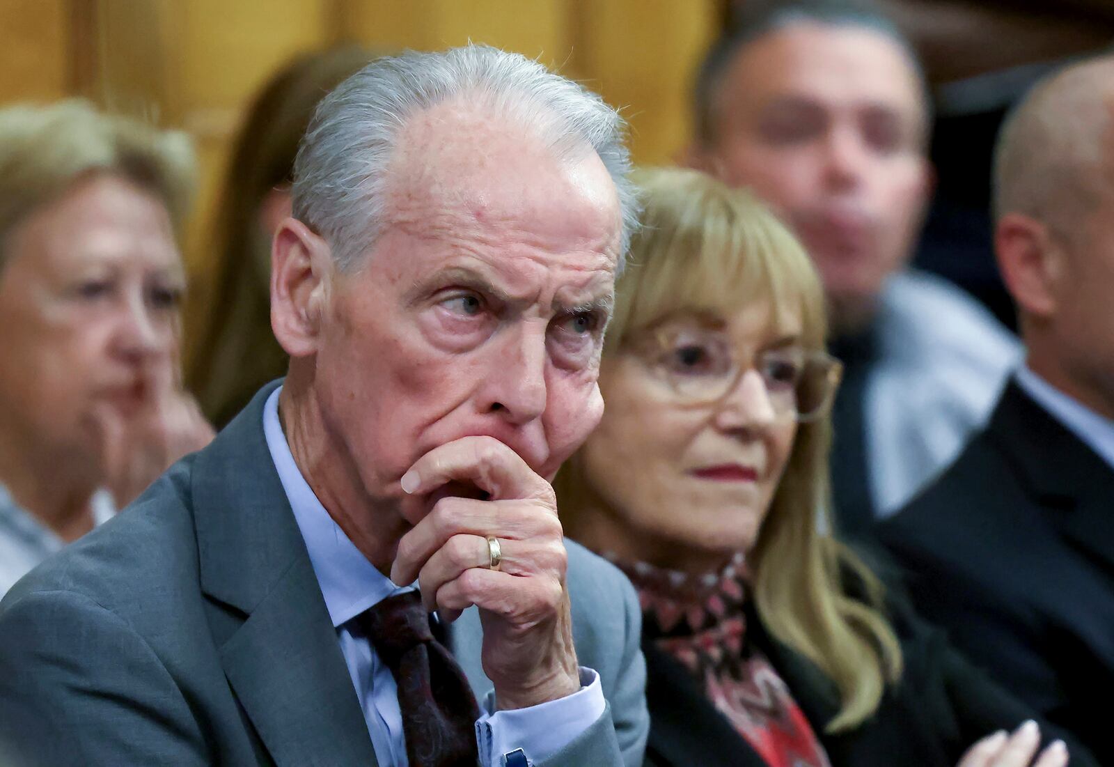William and Janet Read, parents of Karen Read listen to testimony during the Karen Read murder trial in Norfolk Superior Court in Dedham, Mass., Friday, May 9, 2025. (Mark Stockwell/The Sun Chronicle via AP, Pool)