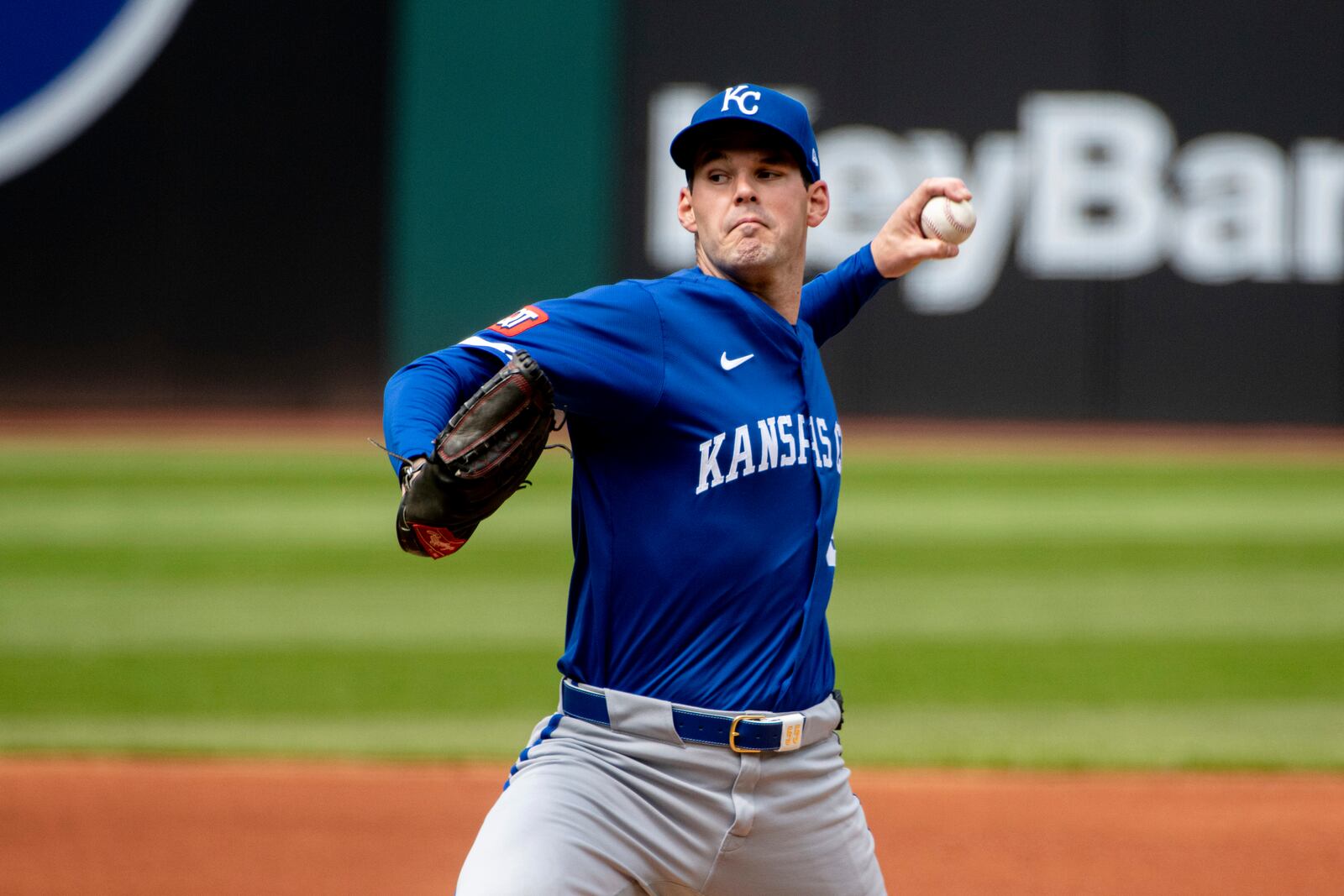 Kansas City Royals starting pitcher Cole Ragans delivers against the Cleveland Guardians during the first inning of a baseball game in Cleveland, Sunday, April 13, 2025. (AP Photo/Phil Long)