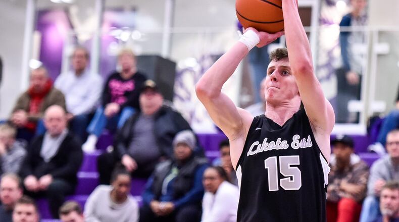 Lakota East’s Kaden Fuhrmann goes up for a shot during a game at Middletown’s Wade E. Miller Arena on Jan. 8, 2019. East won 61-47. NICK GRAHAM/STAFF