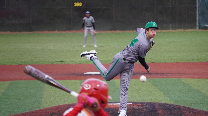 Badin's Caleb Driessen sends a pitch to the plate against Fenwick on Friday night at Foundation Field. Chris Vogt/CONTRIBUTED