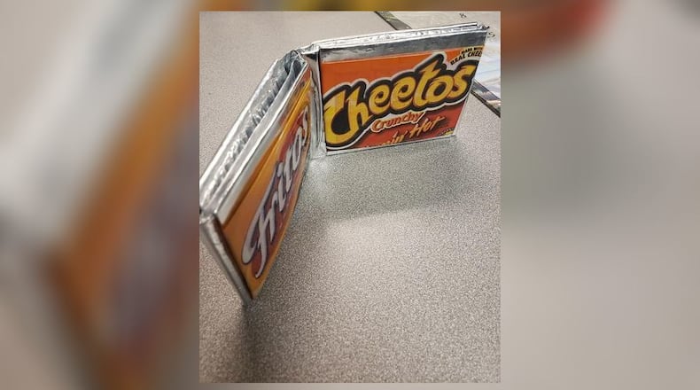 A wallet made by an inmate from chip bags was found Thursday during a search of cells at the Butler County Jail BUTLER COUNTY SHERIFF'S OFFICE