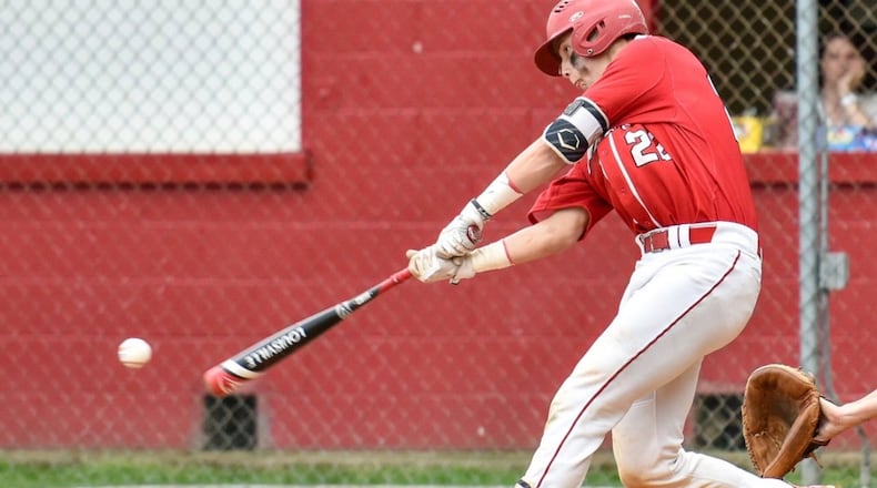 Fairfield’s Brock Mathis takes a cut during the Indians’ 2-1 Division I sectional loss to Elder on May 12, 2016, at Joe Nuxhall Field. NICK GRAHAM/STAFF