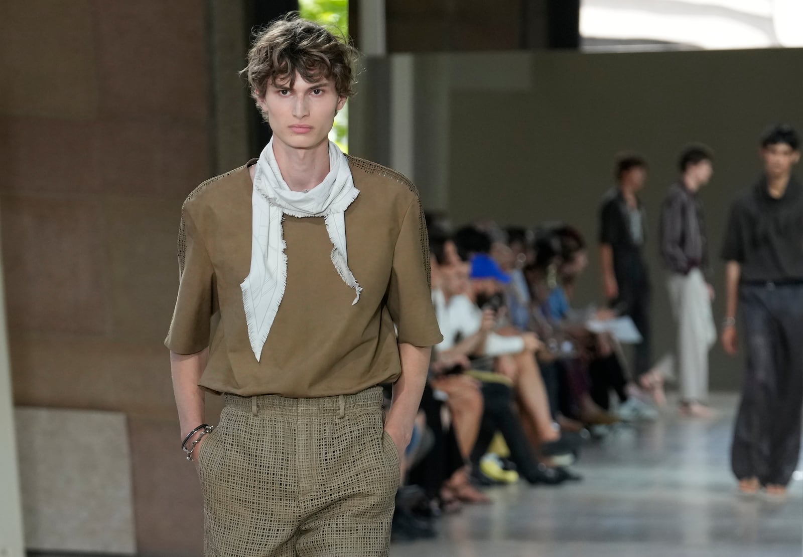 A model wears a creation as part of the men's Hermes Spring-Summer 2026 collection, that was presented in Paris Saturday, June 28, 2025. (AP Photo/Michel Euler)