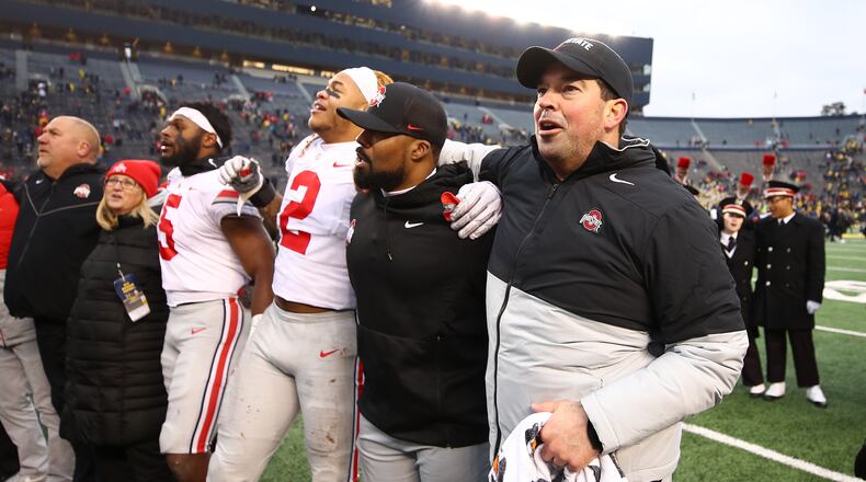 ANN ARBOR, MICHIGAN - NOVEMBER 30: Head coach Ryan Day of the Ohio State Buckeyes celebrates a 56-27 win over the Michigan Wolverines at Michigan Stadium on November 30, 2019 in Ann Arbor, Michigan. (Photo by Gregory Shamus/Getty Images)