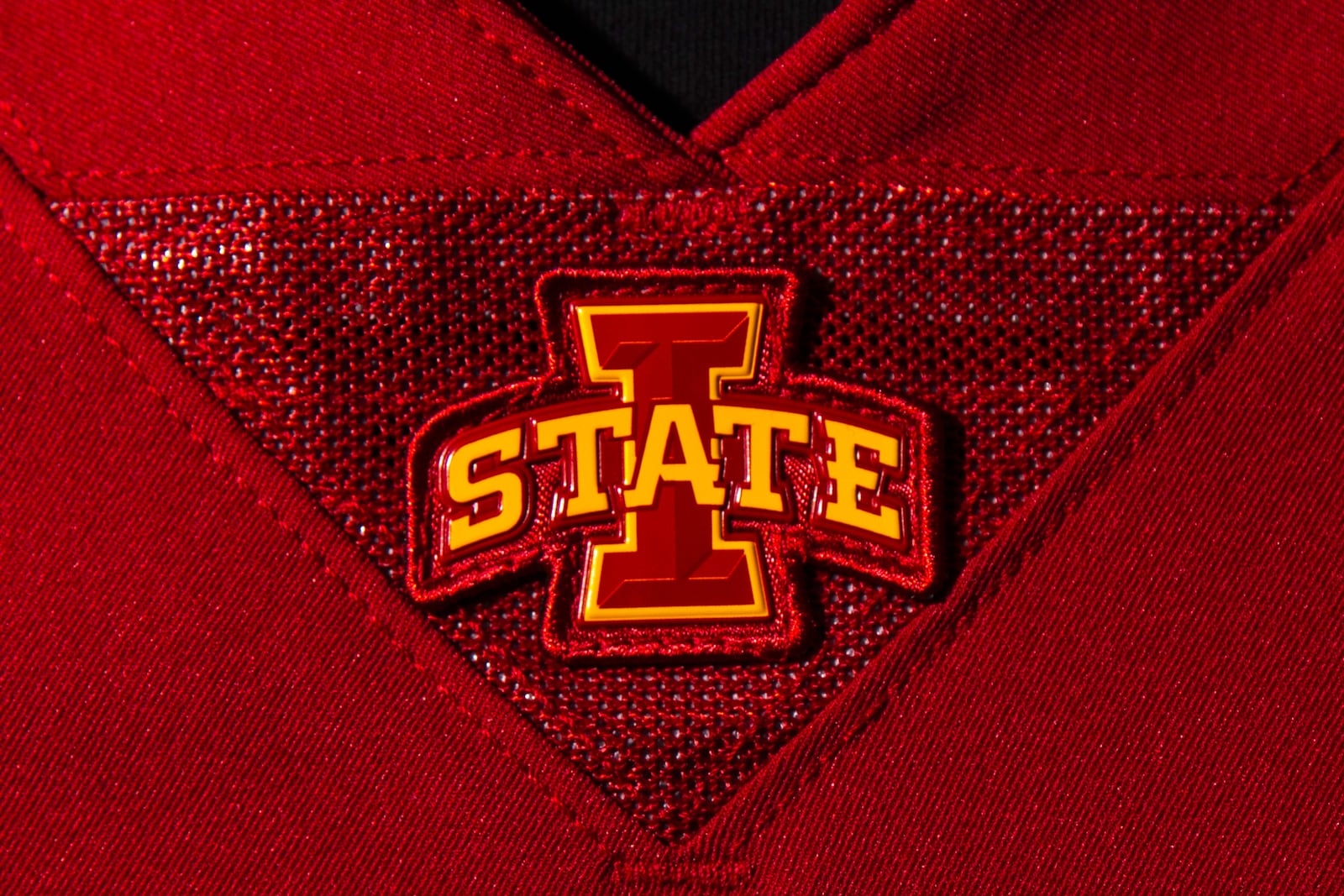 FILE - The Iowa State logo is featured on a team jersey during the the schools' NCAA college football media day, Friday, Aug. 4, 2023, at Jack Trice Stadium in Ames, Iowa. (Geoff Stellfox/The Gazette via AP, File)