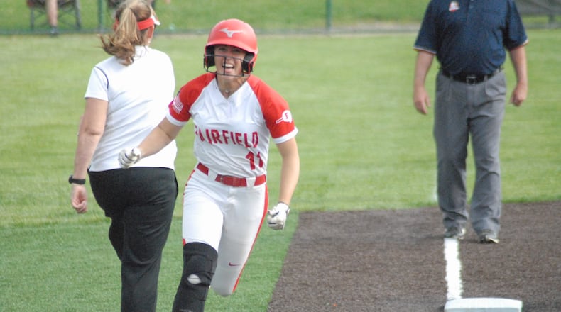 Fairfield junior Karley Clark rounds third after hitting a two-run homer against Milford during a Division I regional semifinal on Wednesday at Mason. The Indians won 7-0. Chris Vogt/CONTRIBUTED
