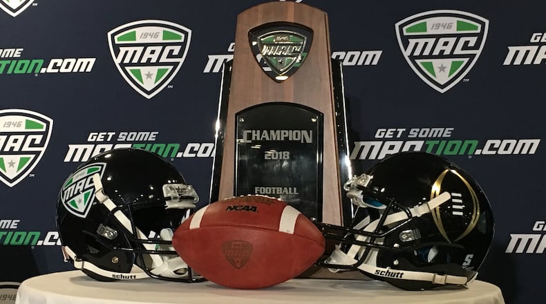 The Mid-American Conference football championship trophy was on display during MAC Media Day at Ford Field in Detroit on Tuesday. RICK CASSANO/STAFF