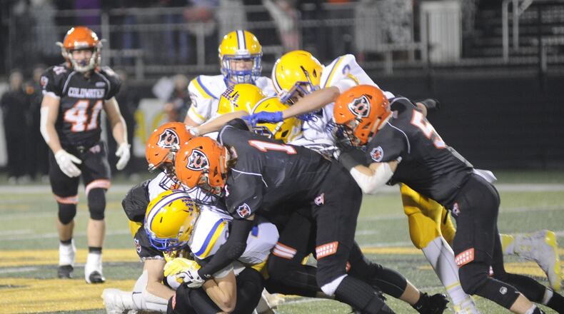 Marion Local defeated Coldwater 40-19 in a D-VI, Region 24 high school football final at Sidney last season. Coldwater is ranked No. 1 (D-VI) and Marion Local No. 3 (D-VII) in the first Associated Press state football polls. MARC PENDLETON / STAFF