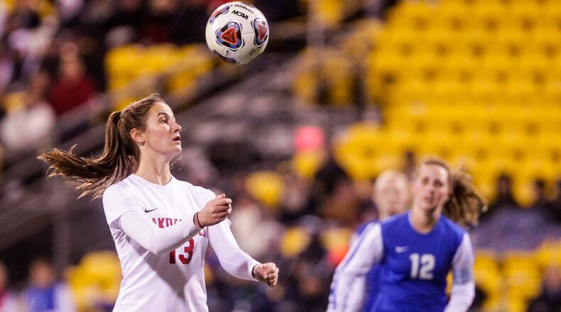 Lakota West's Kailyn Dudukovich jumps for a ball during their Division I State championship soccer game against Anthony Wayne Saturday, Nov. 9, 2019 at MAPFRE Stadium in Columbus. Dudukovich scored both of Lakota West's goals. NICK GRAHAM/STAFF