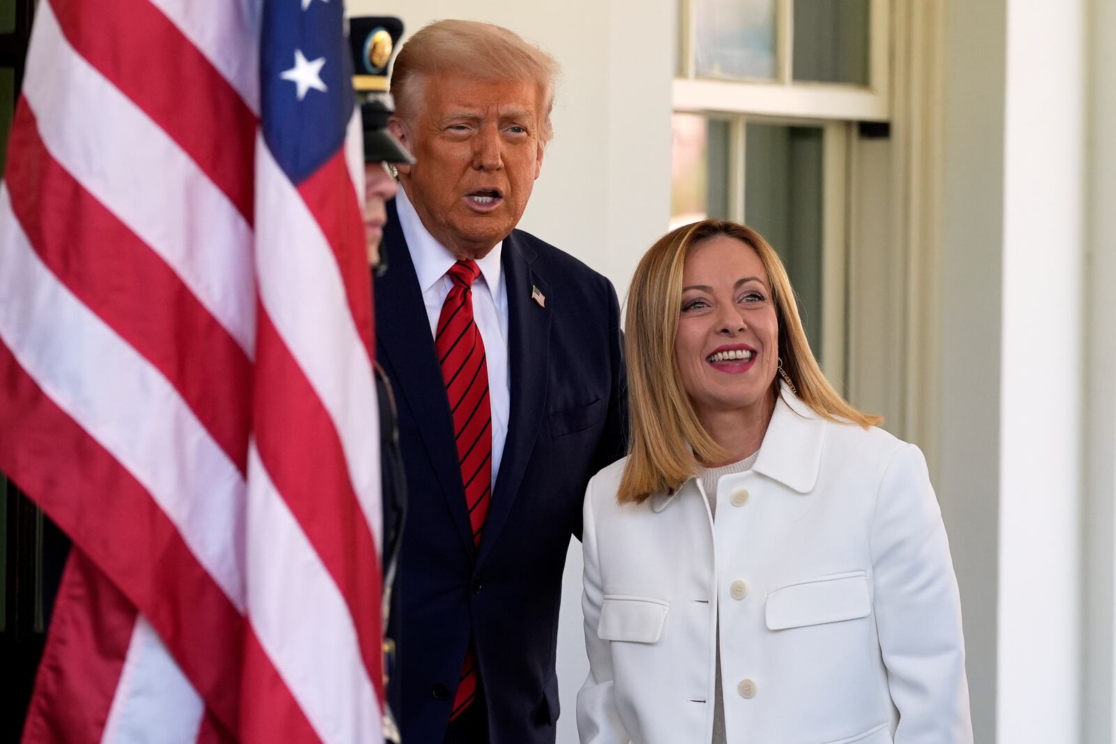 President Donald Trump greets Italy's Prime Minister Giorgia Meloni at the White House, Thursday, April 17, 2025, in Washington. (AP Photo/Alex Brandon)