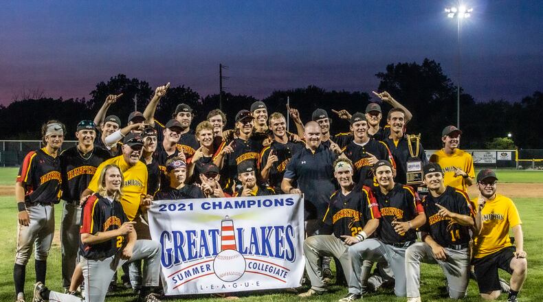 The Hamilton Joes celebrate after winning the Great Lakes Summer Collegiate League championship on Saturday. Photo by Amy DuVal-Moore