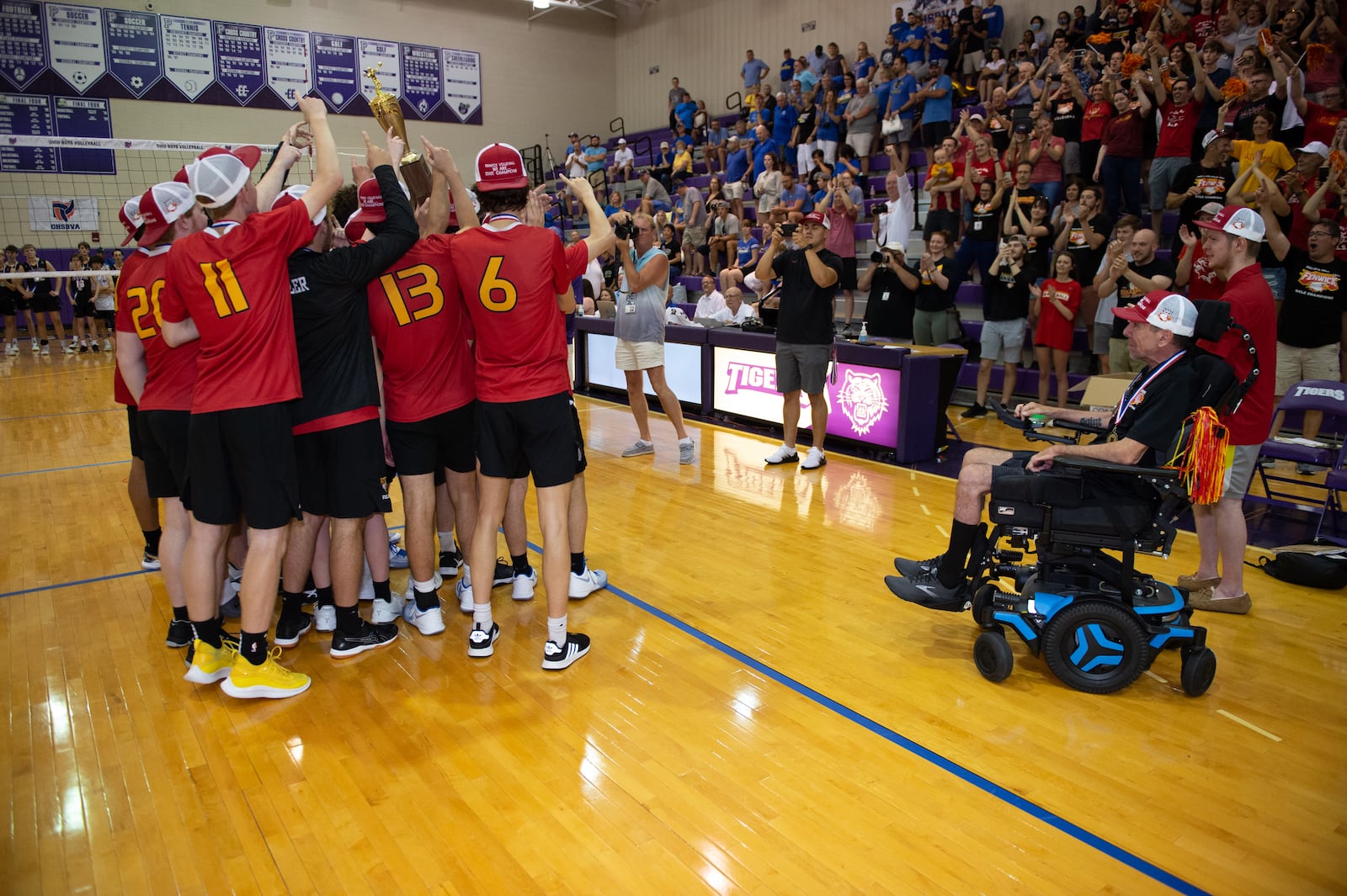Fenwick High School won its second state volleyball title recently. Pete Ehrlich, who was diagnosed with ALS two years ago, coached the Falcons to their first title since 2013. PHOTO BY JTH PHOTOGRAPHY