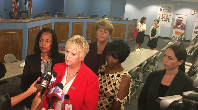 Dayton Public Schools administrators address media questions about their contract dispute with teachers in August. From left are Treasurer Hiwot Abraha, Superintendent Rhonda Corr, Associate Superintendent Elizabeth Lolli, Associate Superintendent Shelia Burton and legal counsel Jyllian Bradshaw. JEREMY P. KELLEY / STAFF