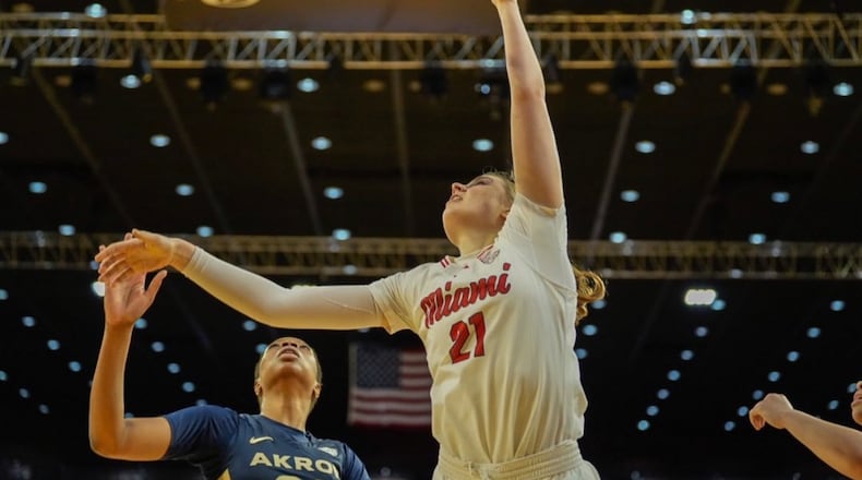 Miami’s Ilse de Vries puts up a shot against Akron on Saturday afternoon at Millett Hall. MIAMI ATHLETICS PHOTO