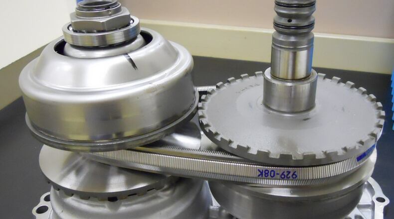 A continuously variable transmission (CVT) uses a belt to transmit engine torque through two pulleys to achieve variable ratios for improved vehicle efficiency. James Halderman photo