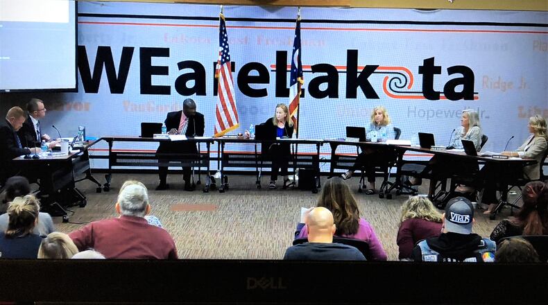 The allegations that Lakota Schools has some teaching of Critical Race Theory (CRT) took another turn at this week’s school board meeting when members ditched a plan to hire a curricula auditing firm. The firm's price tag of $82,000 to hire the chosen, final auditing firm was too high for some board members Monday evening and instead a majority of the five voted down that idea and instead adopted a new plan involving local community members. (Photo By Michael D. Clark\Journal-News)