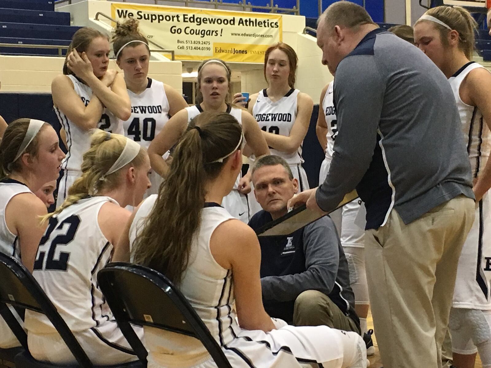 Edgewood coach Greg Brown and assistant Bobby Lipps, who’s drawing up a play, talk to their team in a timeout during Saturday afternoon’s game against Little Miami at Ron Kash Court in St. Clair Township. RICK CASSANO/STAFF
