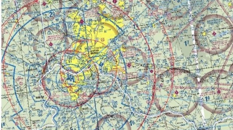 This is what the aviation map attached to the Notice to Airmen that the FAA sent out prior to President Trump’s visit to Cincinnati on Thursday. The map has various rings of where local pilots are not permitted to fly while the Temporary Flight Restriction is in place until 1:30 a.m. Friday. The notice extended as far north as the Middletown Regional Airport and most local airports in southwest Ohio. FEDERAL AVIATION ADMINISTRATION.