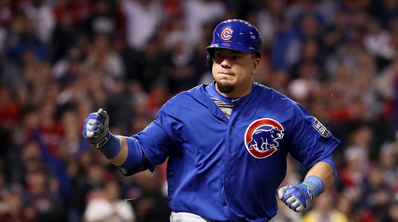 CLEVELAND, OH - NOVEMBER 02: Kyle Schwarber #12 of the Chicago Cubs singles in the 10th inning against the Cleveland Indians in Game Seven of the 2016 World Series at Progressive Field on November 2, 2016 in Cleveland, Ohio. (Photo by Ezra Shaw/Getty Images)