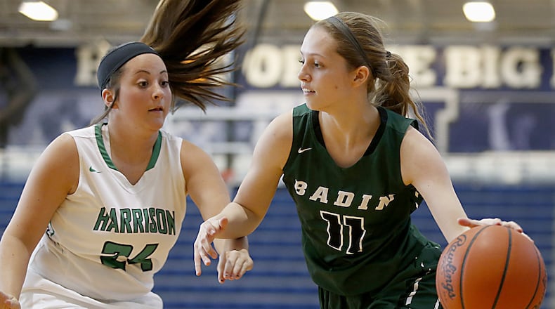 Badin guard Emily Maher is covered by Harrison forward Sami Wilkins during the All-Butler County All-Star girls basketball game at the Hamilton Athletic Center in Hamilton on April 7, 2018. CONTRIBUTED PHOTO BY E.L. HUBBARD