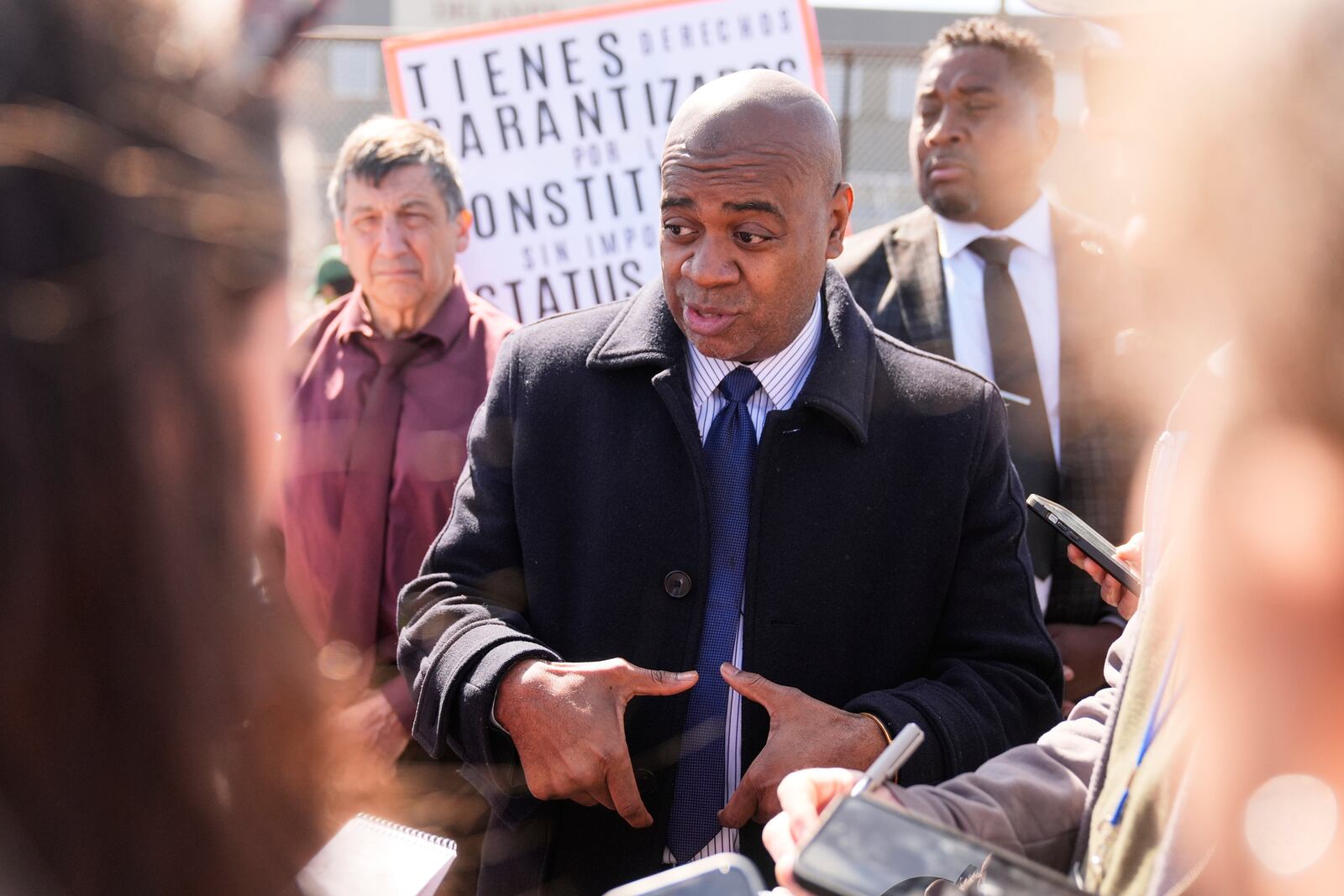 FILE - Newark mayor and gubernatorial candidate Ras Baraka speaks to reporters after a protest in front of of Delaney Hall, the proposed site of an immigrant detention center, in Newark, N.J., March 11, 2025. (AP Photo/Seth Wenig, File)
