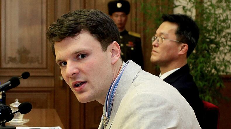 In this Feb. 29, 2016, file photo, American student Otto Warmbier speaks as Warmbier is presented to reporters in Pyongyang, North Korea.