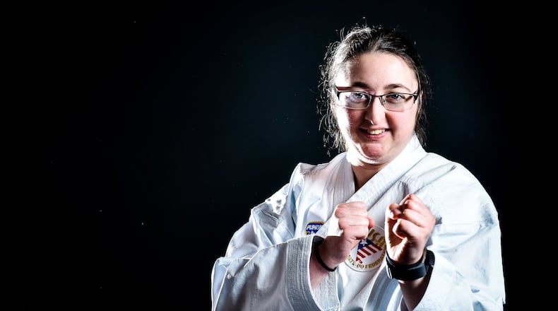 2005 Lakota East High School graduate Jamie Druhan Green, the reigning U.S. para karate national champion in kata in the women’s over-18 intellectually disabled division, will be leaving soon to compete with Team USA for the 2018 World Karate Federation World Championship in Madrid, Spain. She trains and helps instruct classes at Buckner Martial Arts in West Chester Township. NICK GRAHAM/STAFF