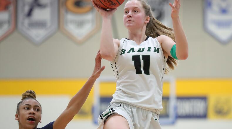 Badin's Jada Pohlen puts up a shot during a Division II regional semifinal vs. Columbus Bishop Hartley at Springfield High School on March 2, 2021. Pohlen scored 16 Saturday in a tournament win over Madison. Michael Cooper/CONTRIBUTED