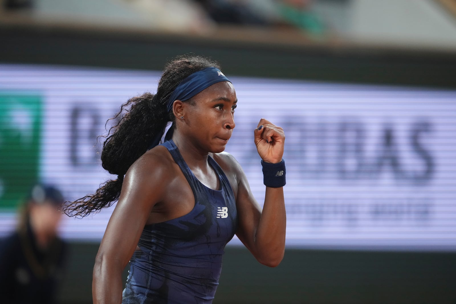 Coco Gauff of the U.S. reacts as she plays against France's Lois Boisson during their semifinal match of the French Tennis Open at the Roland-Garros stadium in Paris, Thursday, June 5, 2025. (AP Photo/Lindsey Wasson)