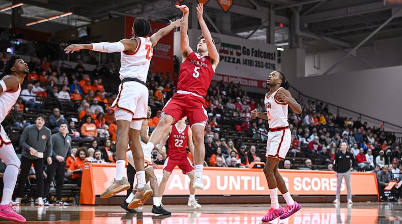Miami’s Peter Suder puts up a shot against Bowling Green on Tuesday night at the Stroh Center. MIAMI ATHLETICS PHOTO