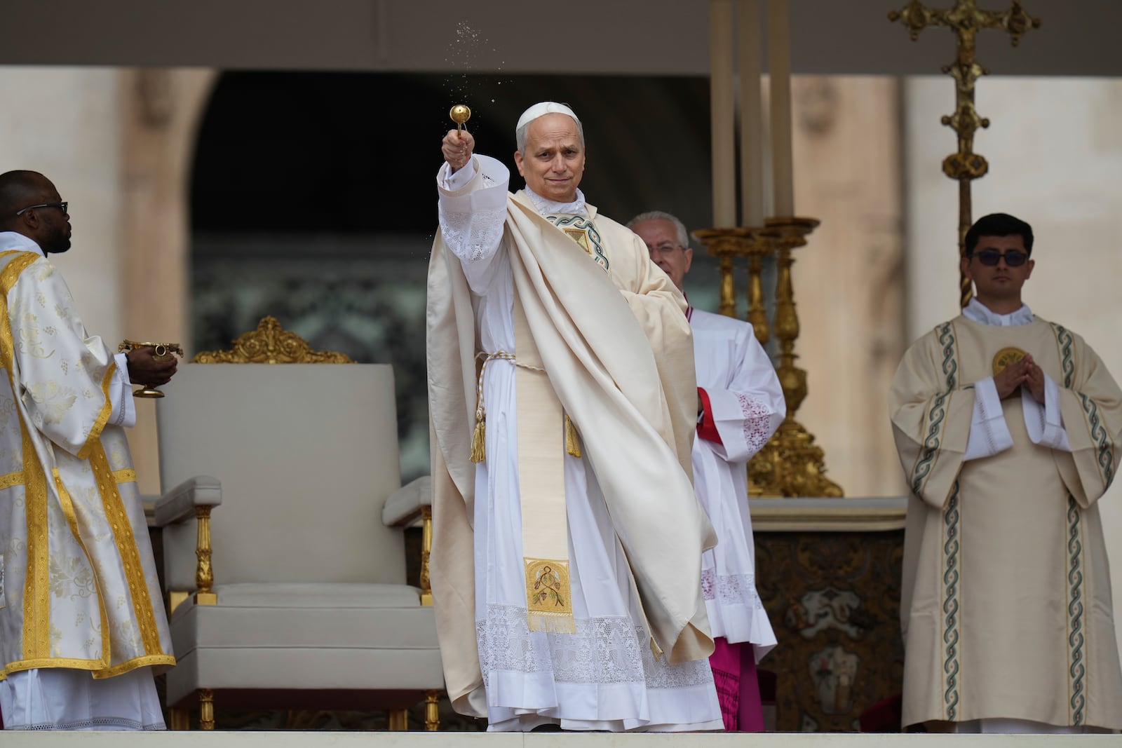 Pope Leo XIV's holds Mass during the formal inauguration of his pontificate in St. Peter's Square attended by heads of state, royalty and ordinary faithful, Sunday, May 18, 2025. (AP Photo/Alessandra Tarantino)