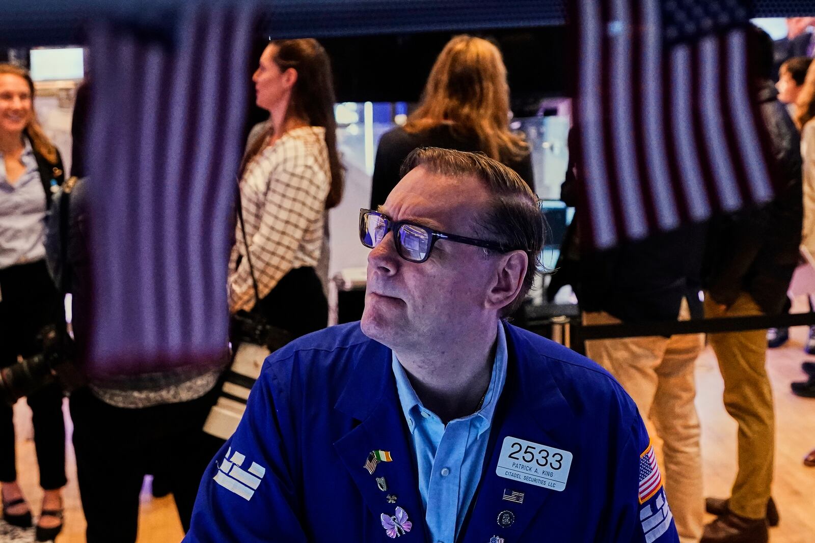Specialist Patrick King works on the floor of the New York Stock Exchange, Thursday, April 17, 2025. (AP Photo/Richard Drew)