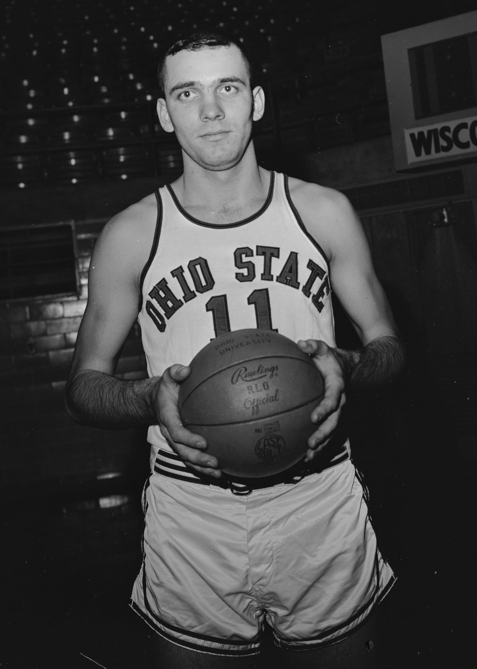 FILE - In this Feb. 26, 1960 photo, Jerry Lucas, sophomore basketball star of Ohio State is shown. Lucas was a member of Ohio State’s 1960 national championship team. Fifty years have passed since Ohio State’s one and only national championship in men’s basketball. The head coach and his top assistant are gone, as is one of the team members. But the rest, including legendary figures John Havlicek, Bob Knight and Jerry Lucas will get together this weekend, perhaps for a final time, to remember that special season. (AP Photo/Harvey Eugene Smith)